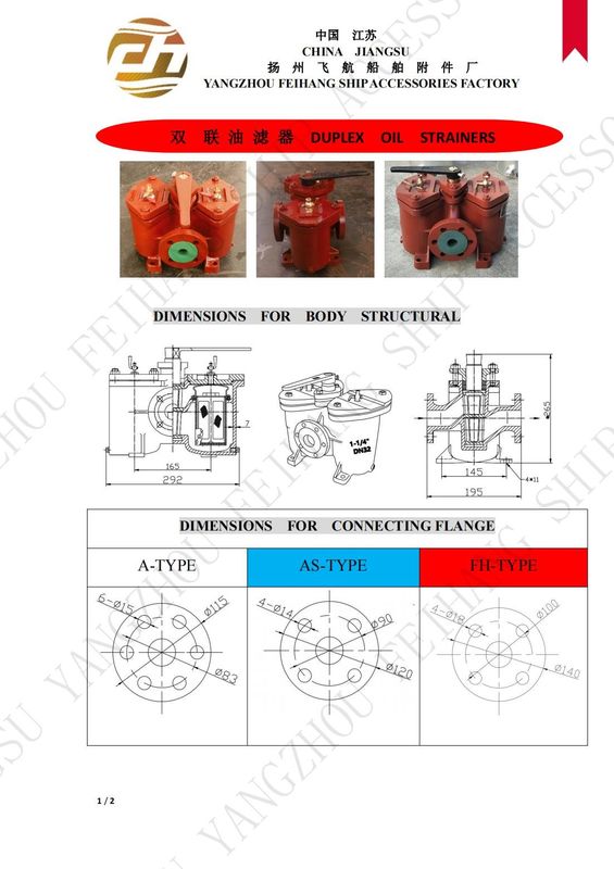 Tavola dei parametri tecnici per filtri d'olio duplex filtri d'olio doppi modello AS32 Cb/T425-94 corpo in ghisa con filtro