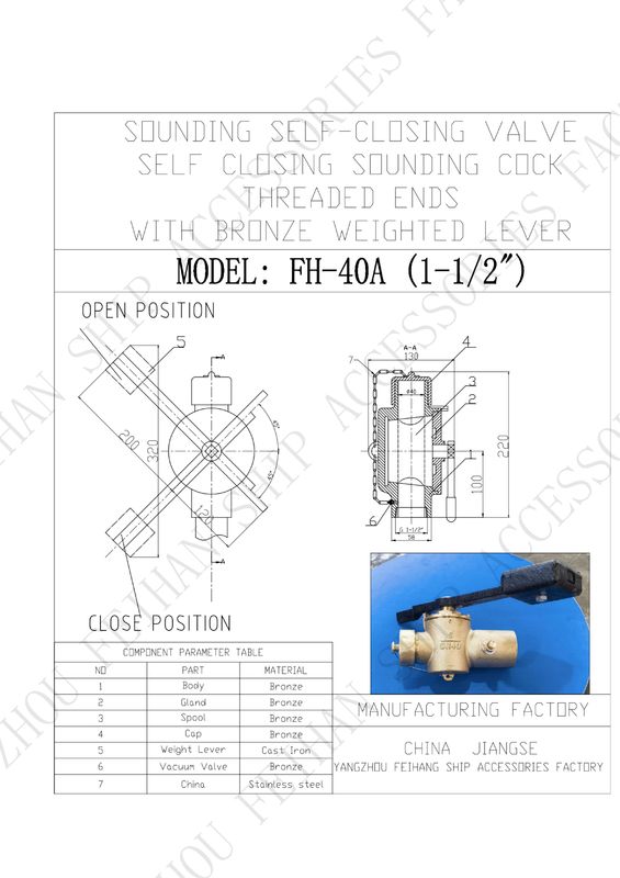 Parametro tecnico per le valvole di chiusura automatica in bronzo modello FH40 CB/T3778-1999