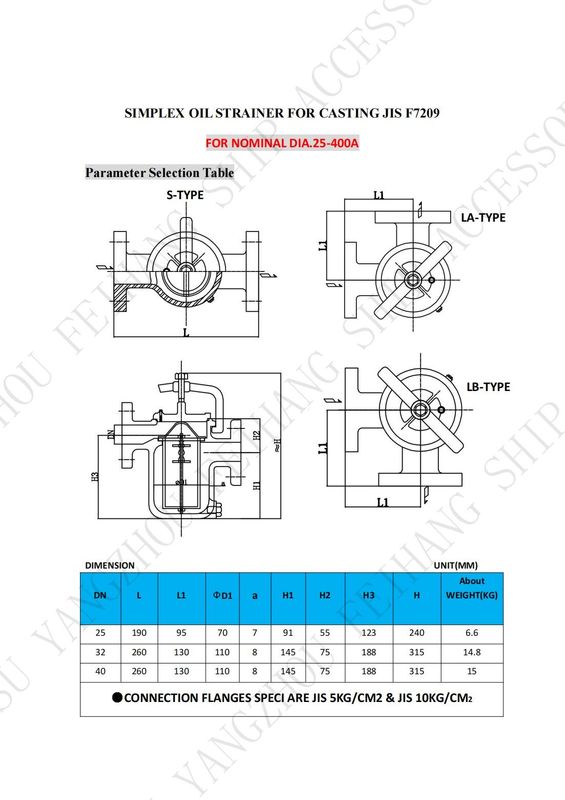 Dati tecnici per il JIS F7209 Stagni di olio semplici e corpo del filtro del paniere di olio singolo - ghisa e filtro - acciaio inossidabile